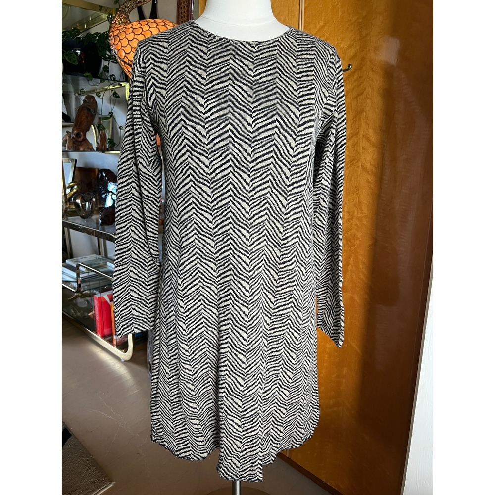 VTG 90s Joan Vass USA Cotton Chevron Sweater Dress Black /Beige Long Sleeve M/L